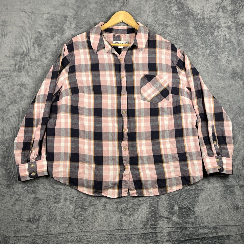 Ava & Viv Flannel Shirt Womens 3X Pink Black Plaid Pleated Long Sleeve Button Up